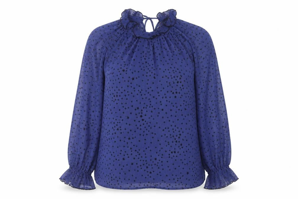 Front view of Next Women’s Blue Star Print Chiffon Tunic Blouse, size UK 10