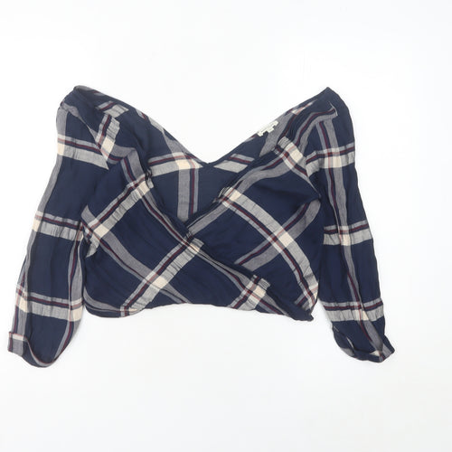 River Island Women’s Blue Check Cropped Blouse UK 6 V-Neck Long Sleeve
