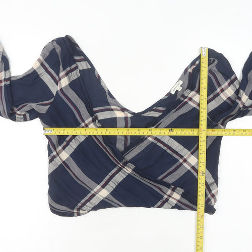 River Island Women’s Blue Check Cropped Blouse UK 6 V-Neck Long Sleeve