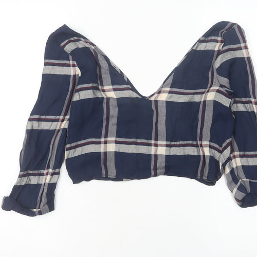 River Island Women’s Blue Check Cropped Blouse UK 6 V-Neck Long Sleeve