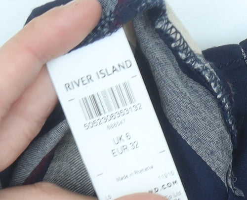 River Island Women’s Blue Check Cropped Blouse UK 6 V-Neck Long Sleeve