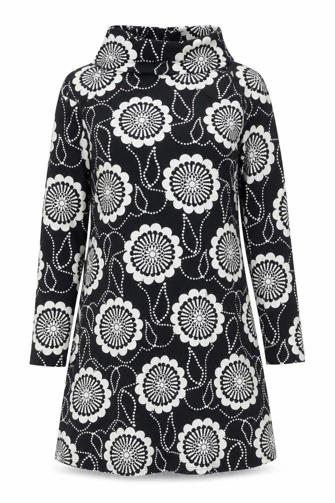 Nanso Women's Black Floral A-Line Collared Knee Length Dress M