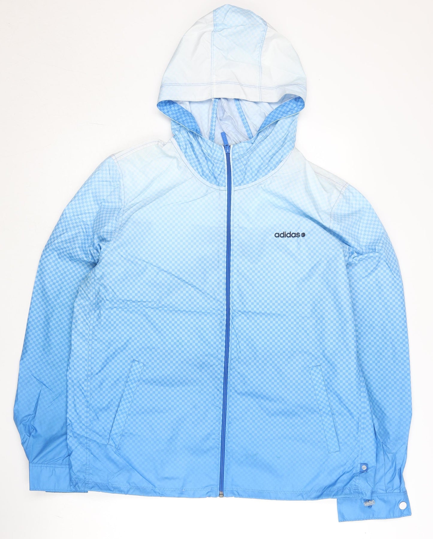 Adidas Neo Men's Blue Check Windbreaker Jacket L Lightweight Hooded