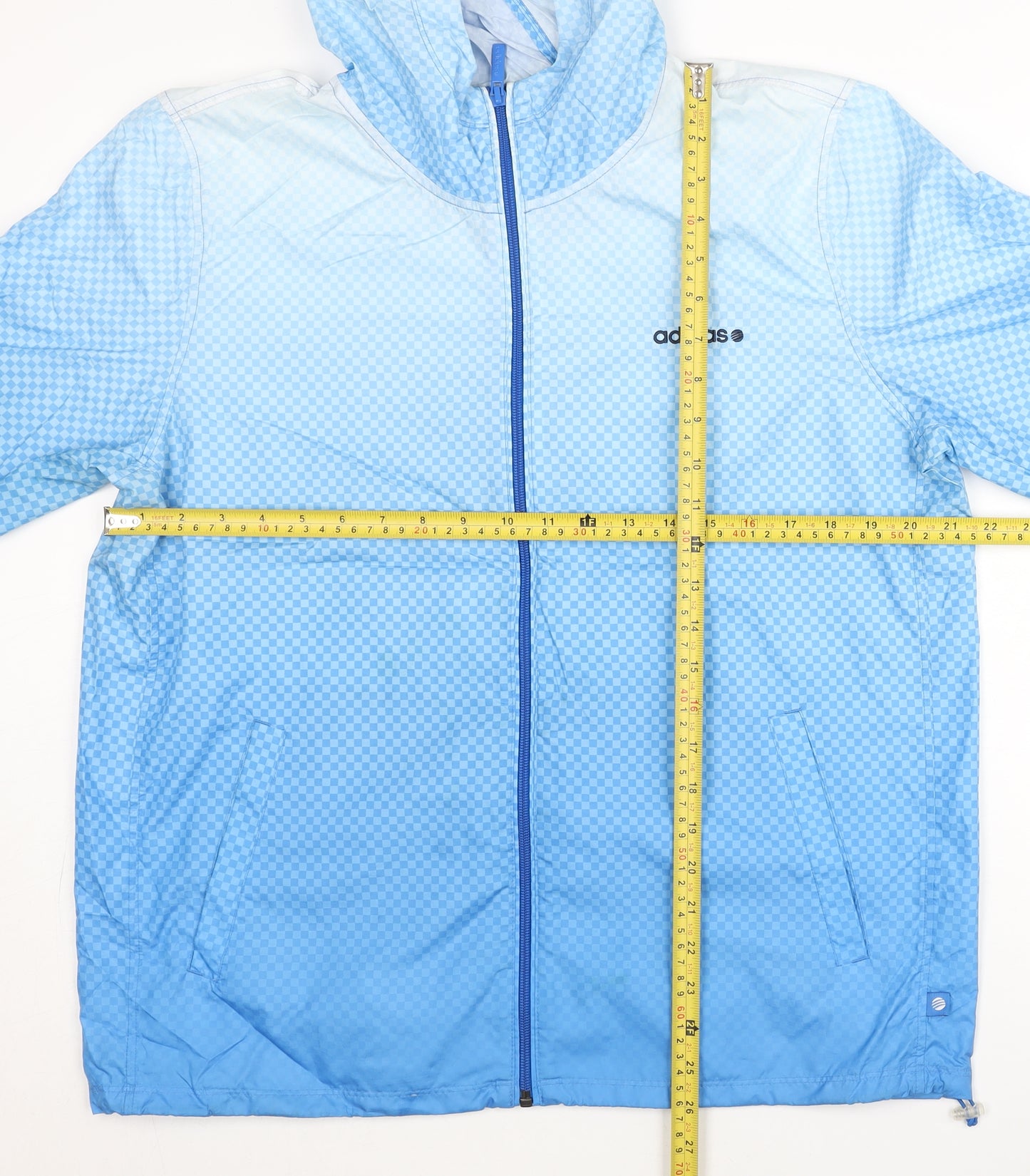 Adidas Neo Men's Blue Check Windbreaker Jacket L Lightweight Hooded