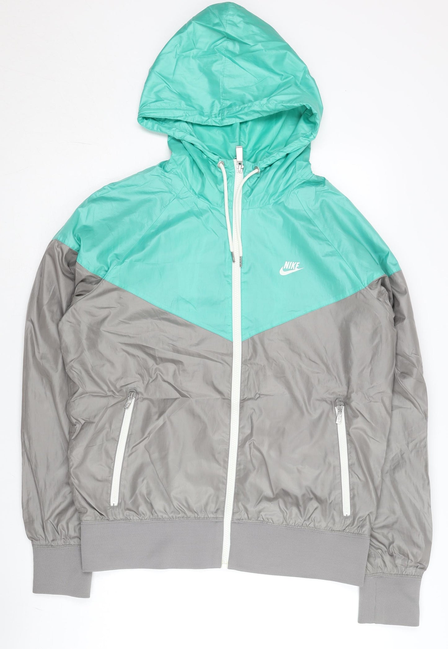 Nike Men's Grey Teal M Windbreaker Jacket Hooded Full Zip Polyester