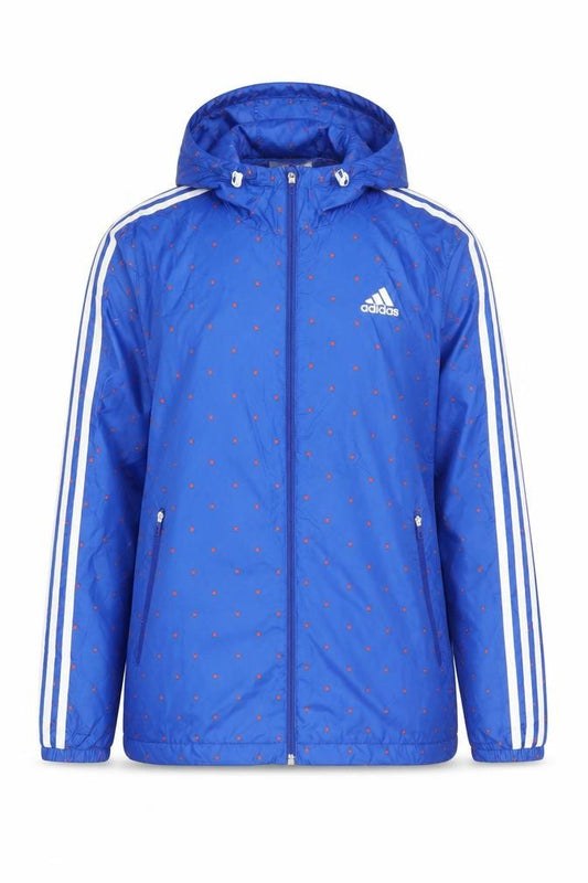 Front view of Adidas Men’s Blue XS Windbreaker Jacket Hooded Polka Dot Sports Coat