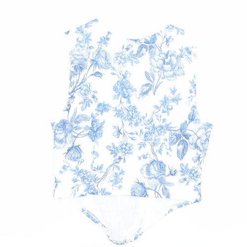 River Island Women's White Blue Floral Sleeveless Slim Blouse UK 10
