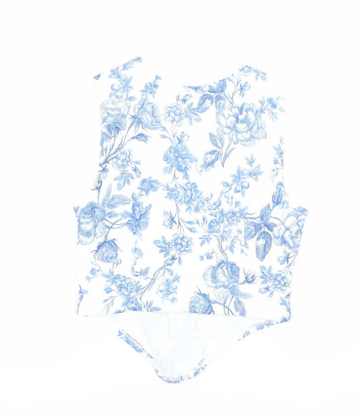 River Island Women's White Blue Floral Sleeveless Slim Blouse UK 10