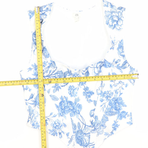 River Island Women's White Blue Floral Sleeveless Slim Blouse UK 10