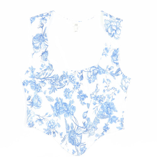 River Island Women's White Blue Floral Sleeveless Slim Blouse UK 10