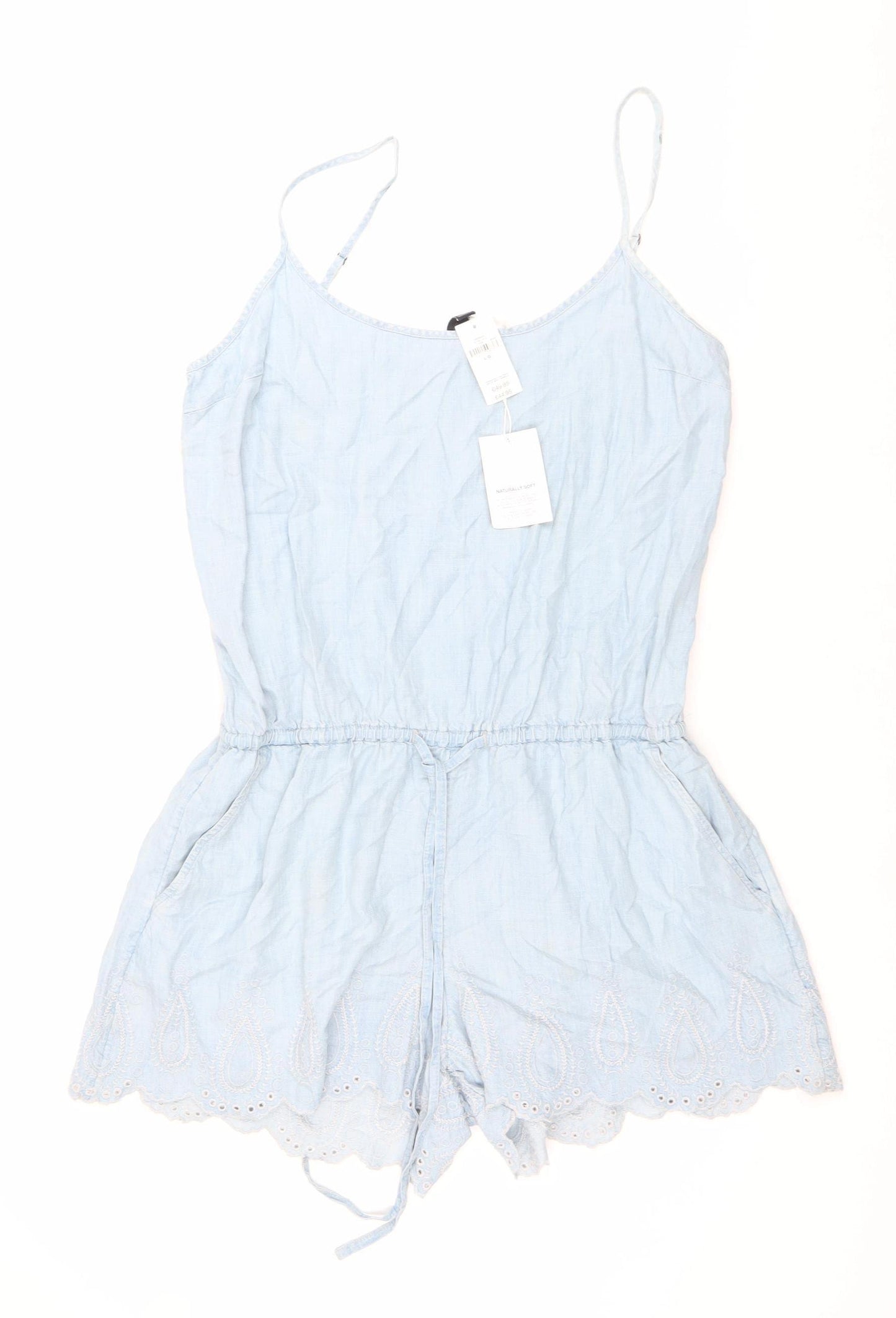 GAP Women Blue Lyocell Sleeveless Playsuit Size L Summer Embroidered