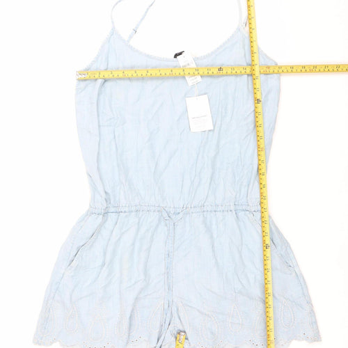 GAP Women Blue Lyocell Sleeveless Playsuit Size L Summer Embroidered