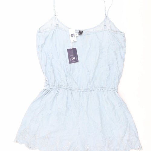 GAP Women Blue Lyocell Sleeveless Playsuit Size L Summer Embroidered