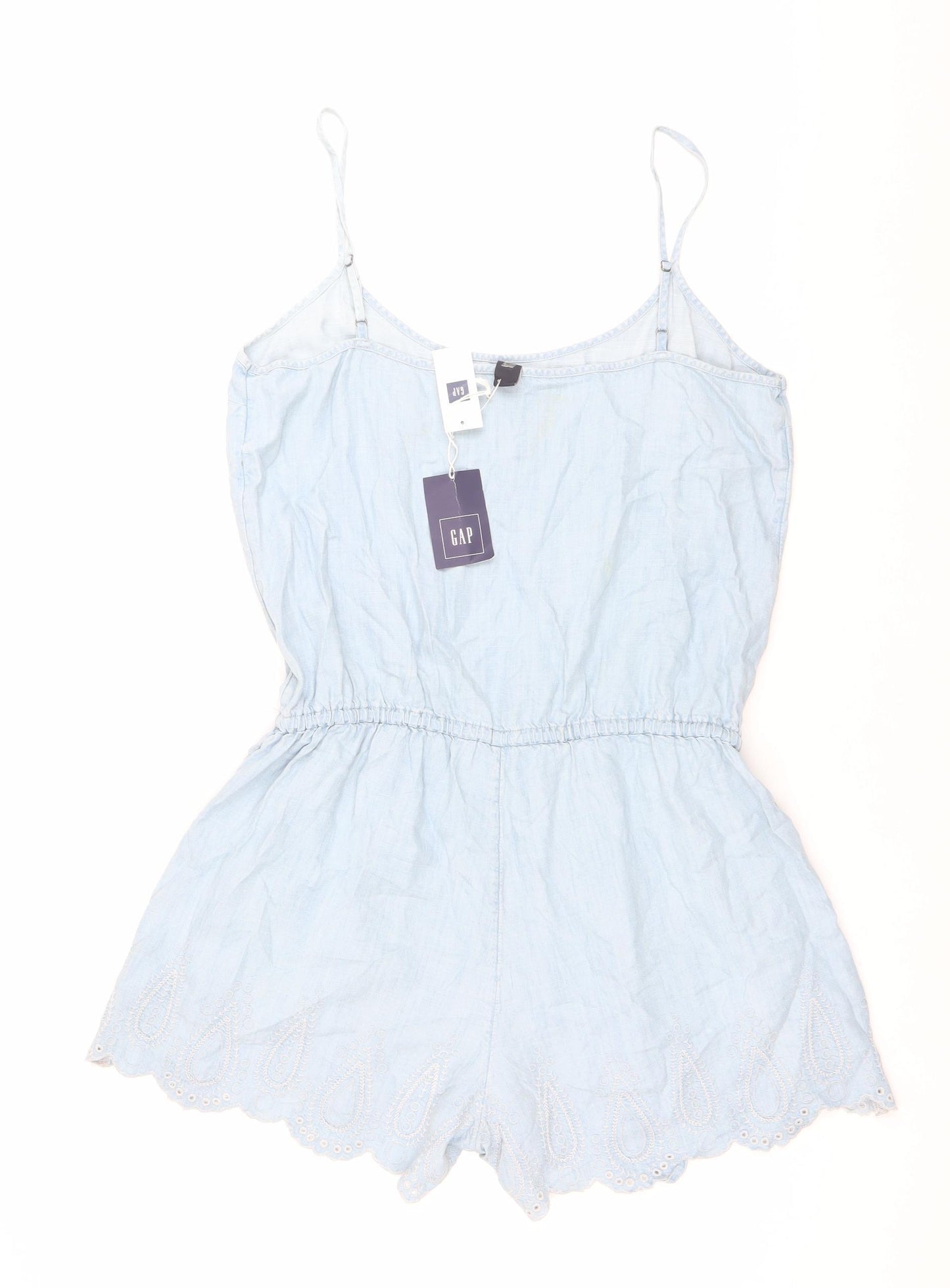 GAP Women Blue Lyocell Sleeveless Playsuit Size L Summer Embroidered