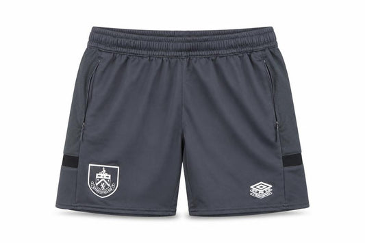 Front view of Umbro boys’ grey athletic football shorts, size 158, yxl burnley fc