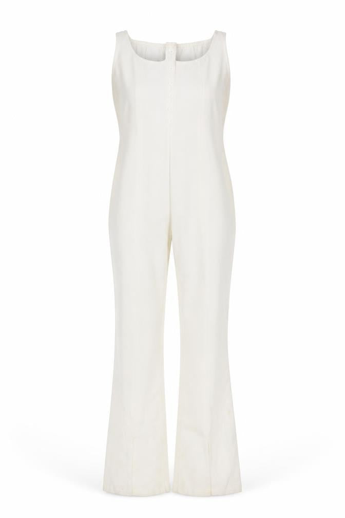 Front view of PRETTYLITTLETHING Women’s White, size UK 8, Sleeveless Button Jumpsuit