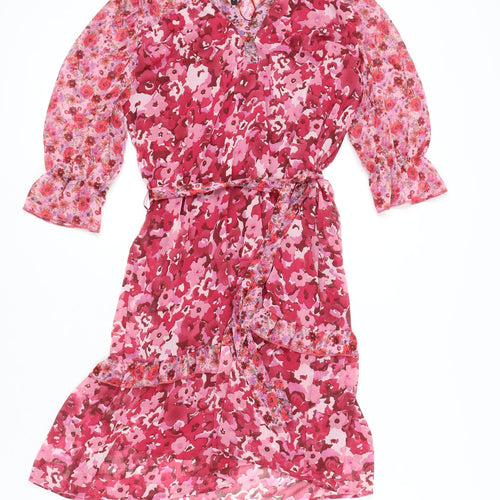 Next Women’s Pink Floral A-Line Chiffon Belted Dress UK 6
