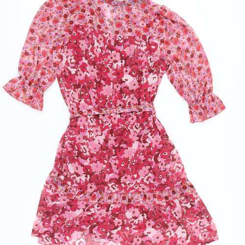 Next Women’s Pink Floral A-Line Chiffon Belted Dress UK 6