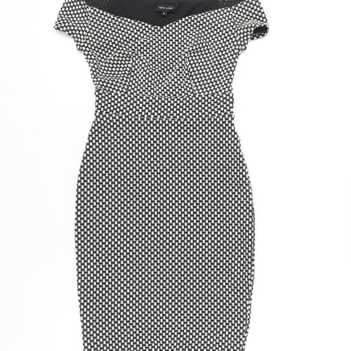 New Look Women’s Black Check Bodycon Knee Length Off Shoulder Dress Size 8
