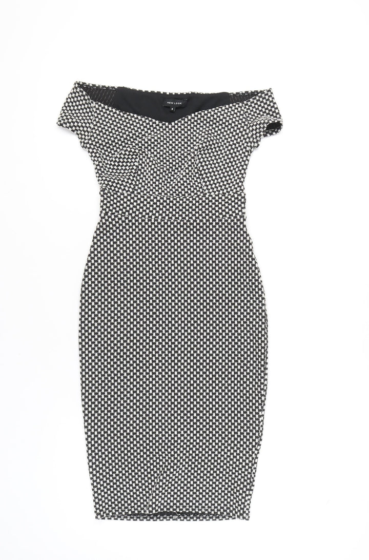 New Look Women’s Black Check Bodycon Knee Length Off Shoulder Dress Size 8