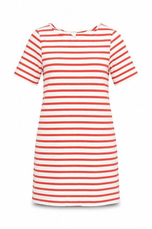 Front view of H&M Women’s White Red Striped Cotton T-Shirt Dress, size UK 8, Casual