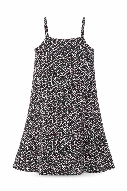 Front view of C&A girls’ black floral a-line sleeveless dress, size 146, knee length