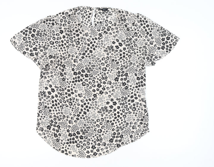 Narciso Womens Ivory Floral Blouse Size 14 Short Sleeve V-Neck Woven