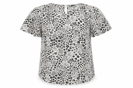 Front view of Narciso women’s ivory floral blouse, size UK 14, short sleeve v-neck woven