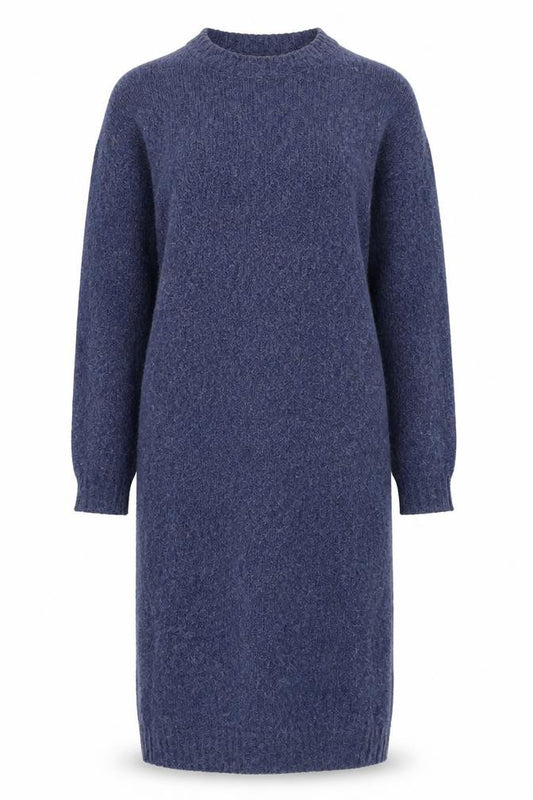Front view of Compania Fantastica Women’s Blue Knit Jumper Dress, size S, Knee Length