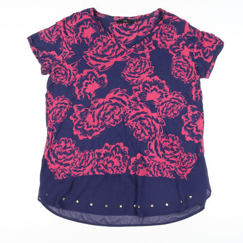 Next Women's Multicoloured Floral Studded Hem V-Neck T-Shirt UK 18