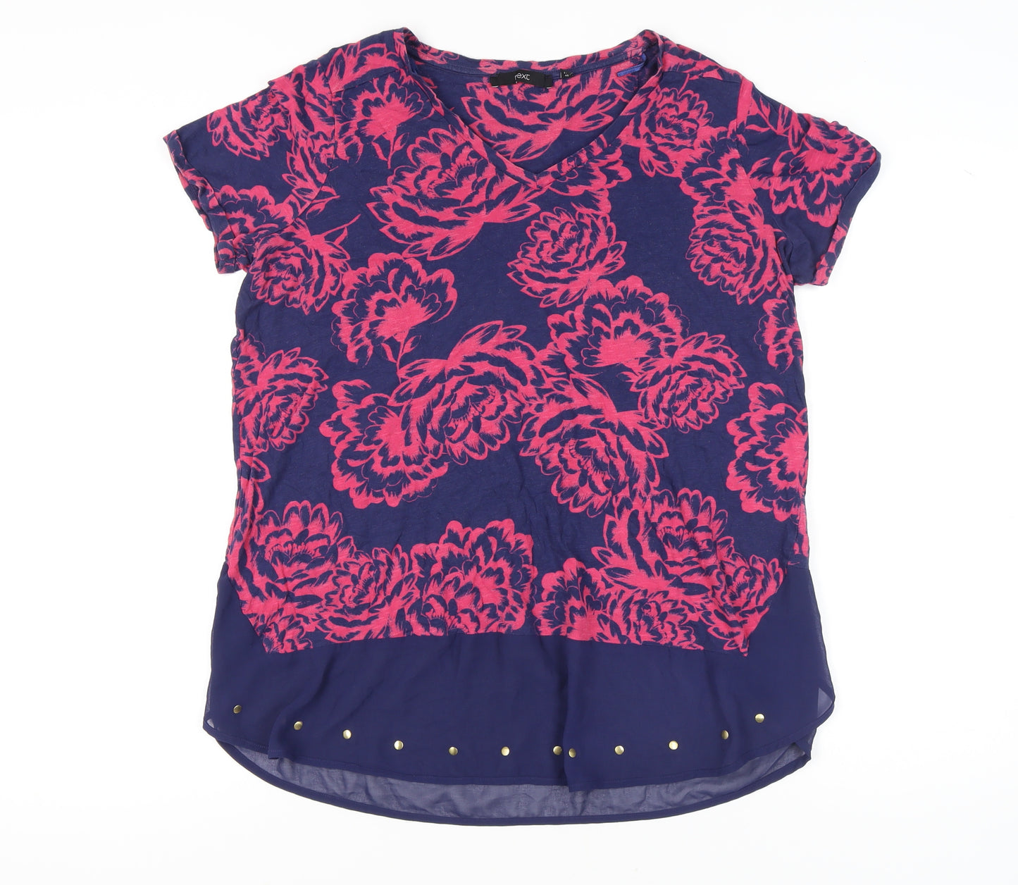 Next Women's Multicoloured Floral Studded Hem V-Neck T-Shirt UK 18
