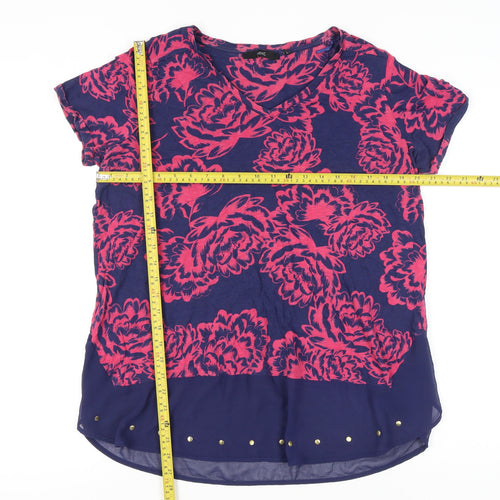 Next Women's Multicoloured Floral Studded Hem V-Neck T-Shirt UK 18