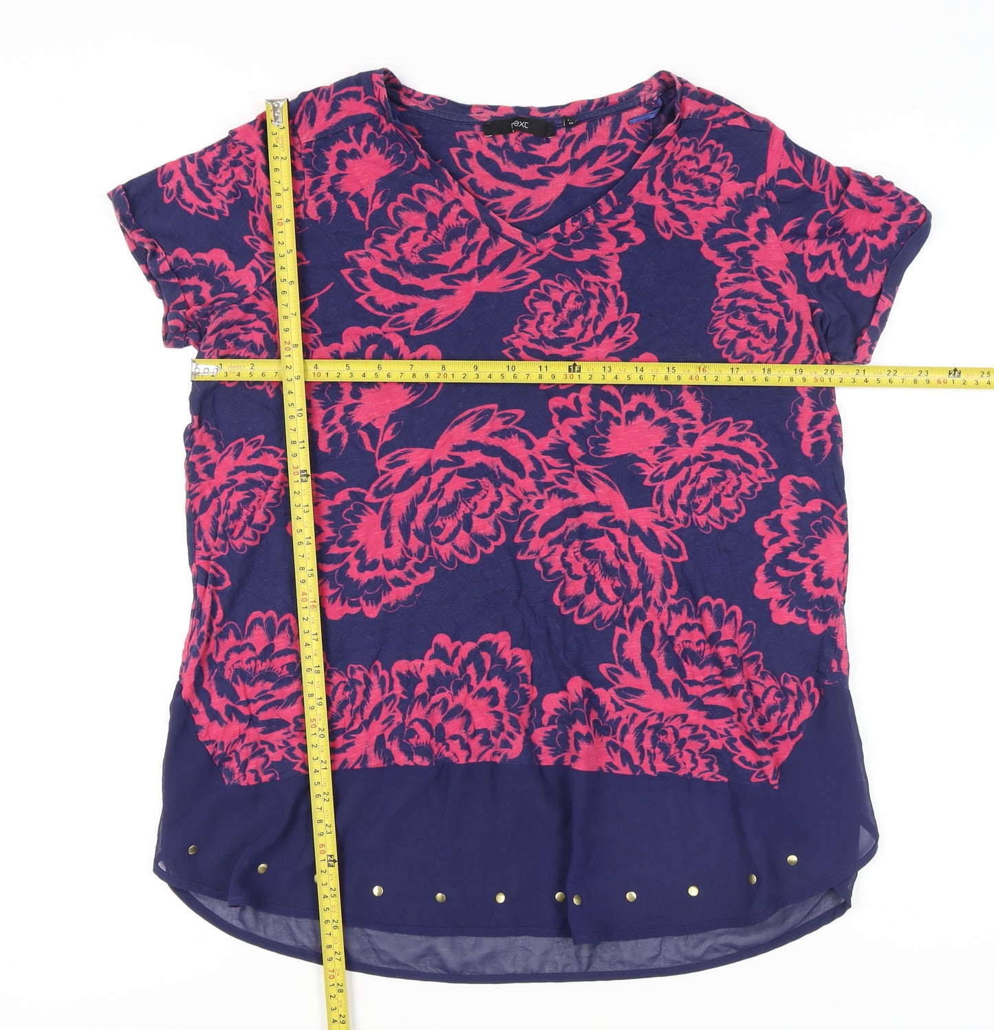Next Women's Multicoloured Floral Studded Hem V-Neck T-Shirt UK 18