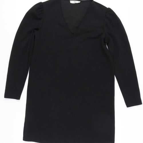 Mango Women Black Size 12 Shift Dress V-Neck Long Sleeve