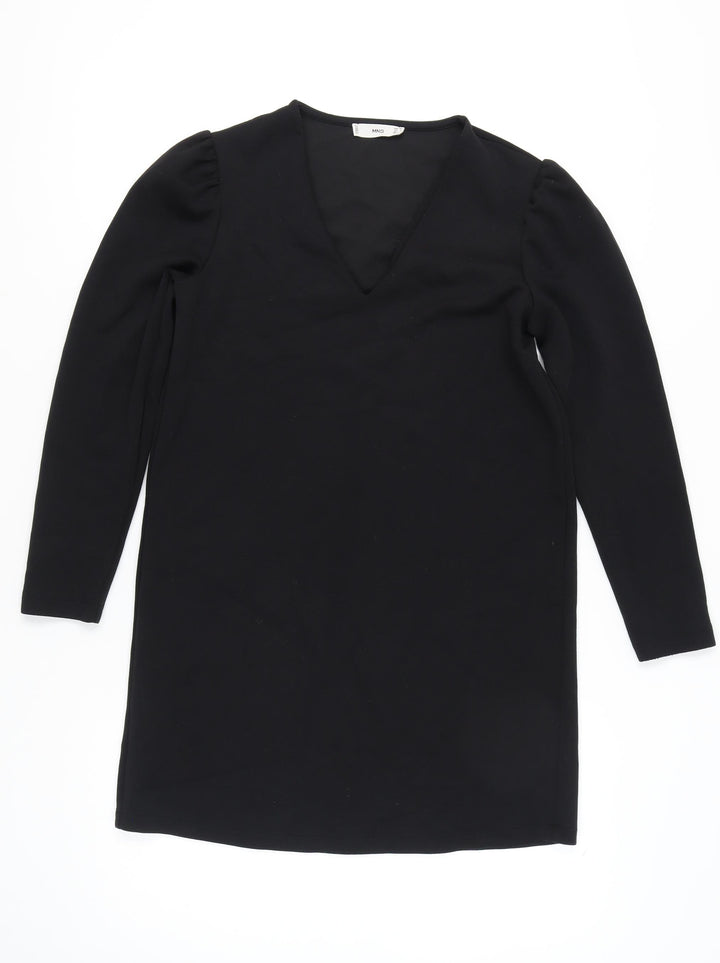 Mango Women Black Size 12 Shift Dress V-Neck Long Sleeve