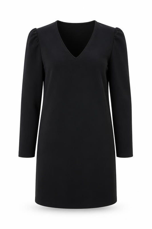 Front view of Mango Women Black, size 12, Shift Dress V-Neck Long Sleeve