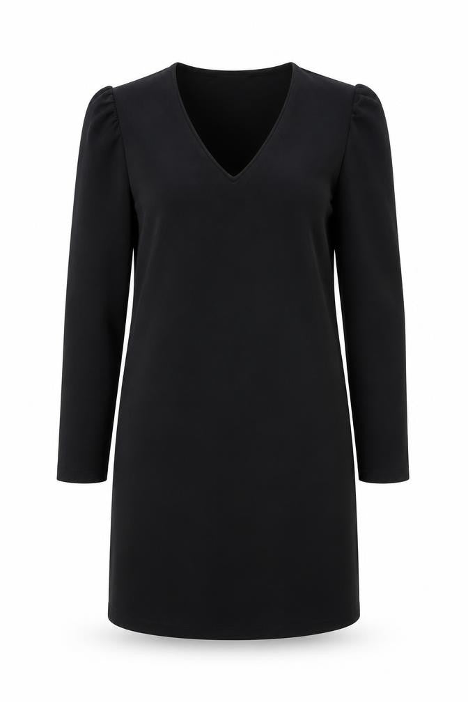 Mango Women Black Size 12 Shift Dress V-Neck Long Sleeve