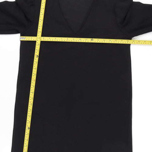 Mango Women Black Size 12 Shift Dress V-Neck Long Sleeve
