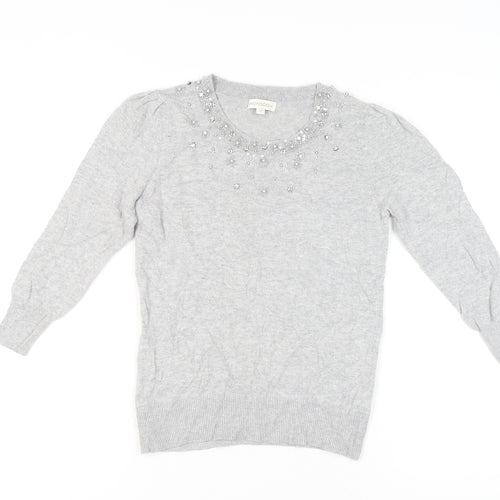 Monsoon Womens Grey Beaded Jewel Crew Neck Pullover Jumper M