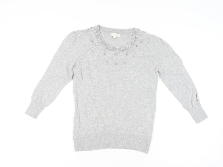 Monsoon Womens Grey Beaded Jewel Crew Neck Pullover Jumper M