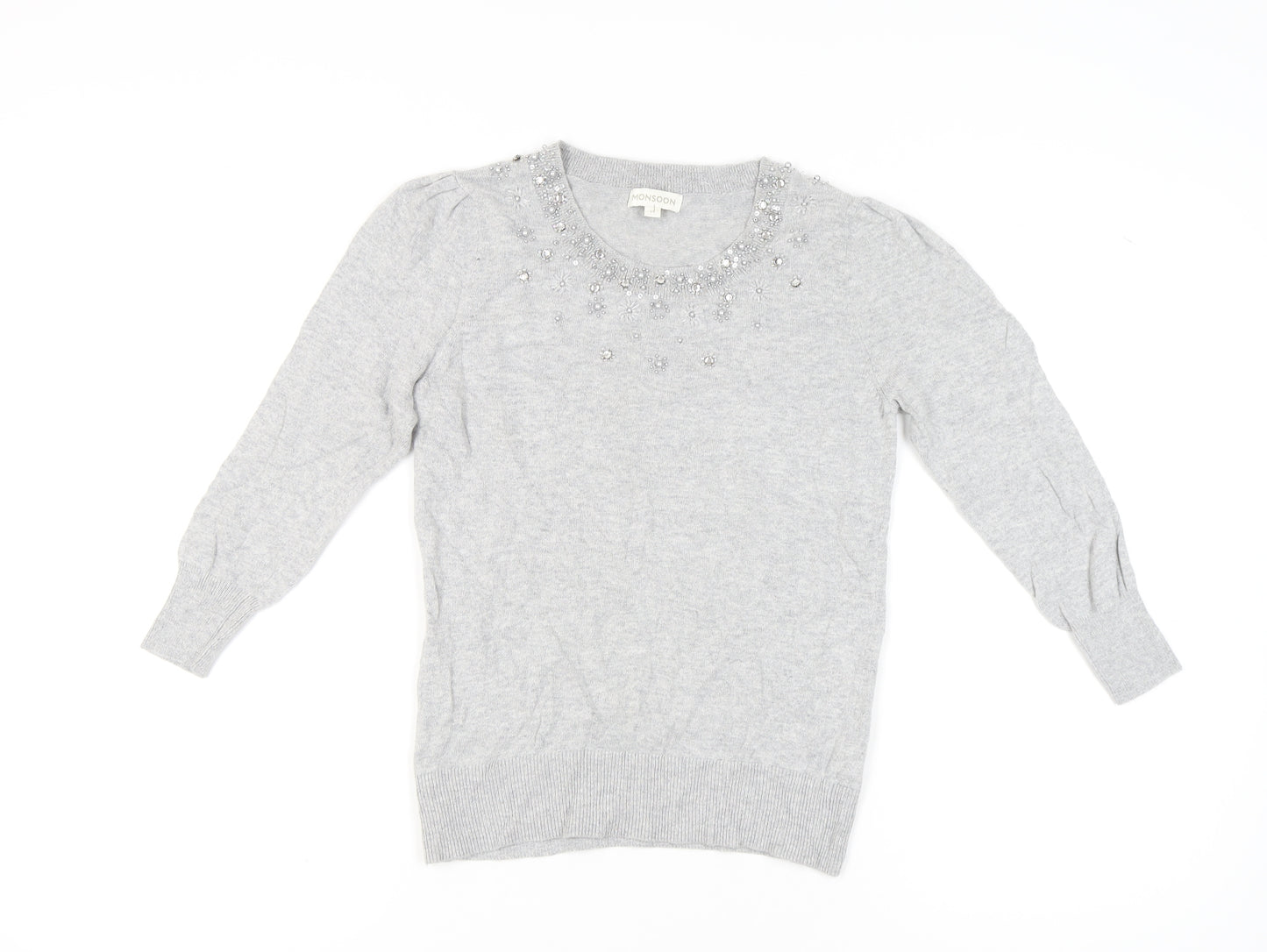 Monsoon Womens Grey Beaded Jewel Crew Neck Pullover Jumper M