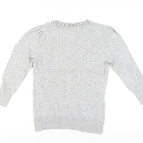 Monsoon Womens Grey Beaded Jewel Crew Neck Pullover Jumper M