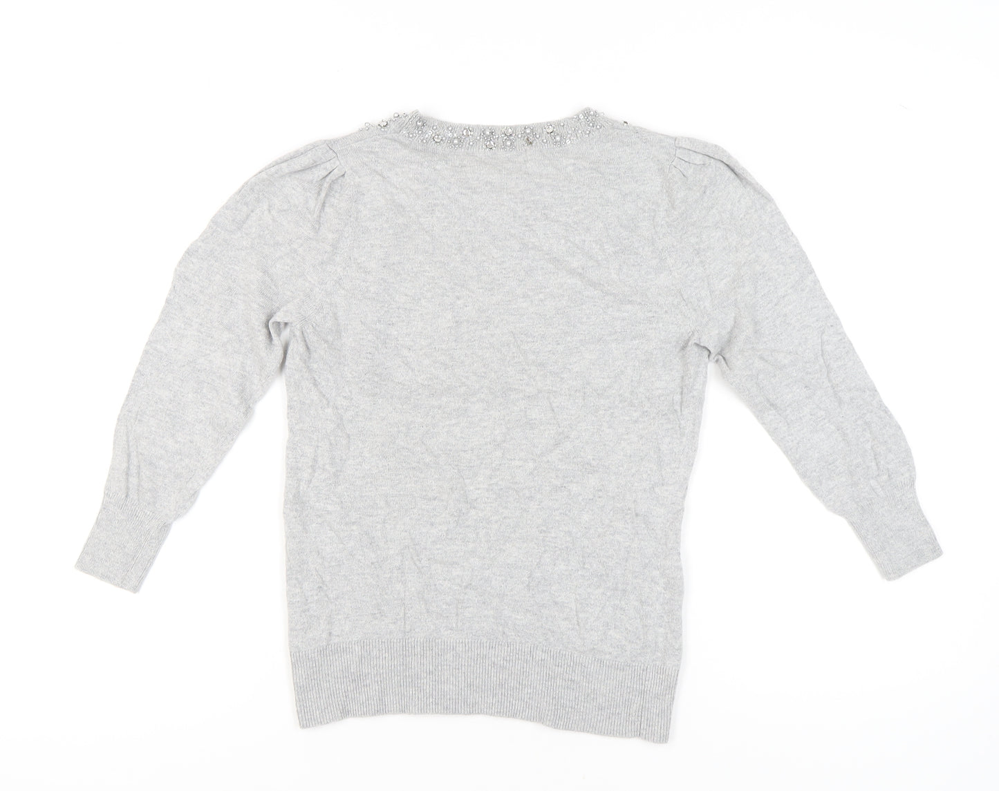 Monsoon Womens Grey Beaded Jewel Crew Neck Pullover Jumper M