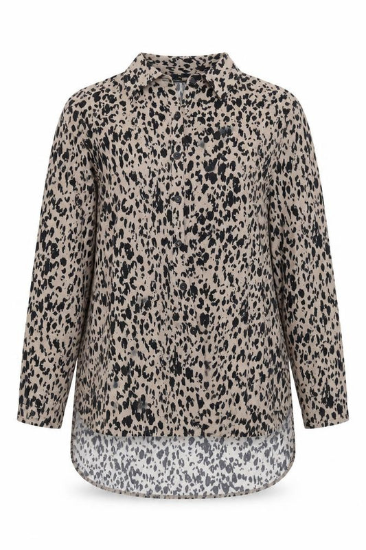 Front view of Nina Leonard Women’s Beige Leopard Print 4XL Button-Up Shirt