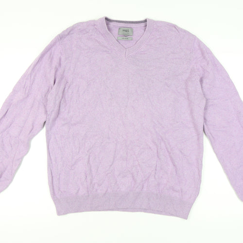 Marks and Spencer Men's Purple XL Cotton V-Neck Jumper