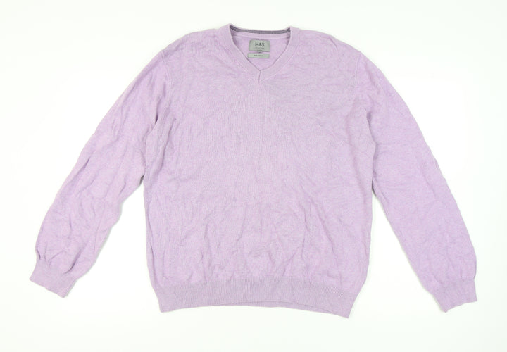 Marks and Spencer Men's Purple XL Cotton V-Neck Jumper