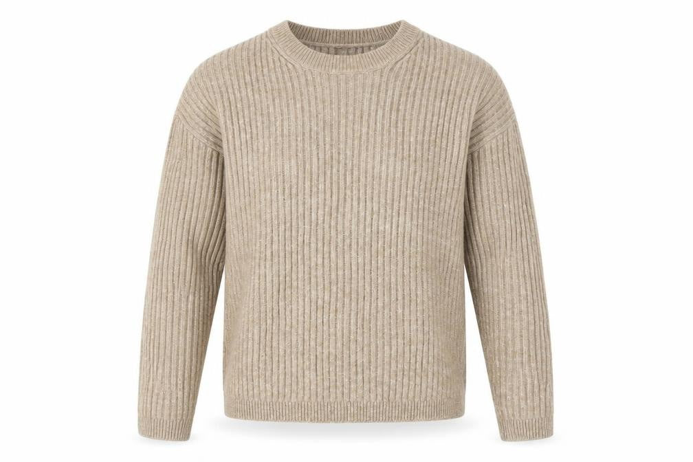 Front view of Marks & Spencer Women’s Beige Large Ribbed Crew Neck jumper