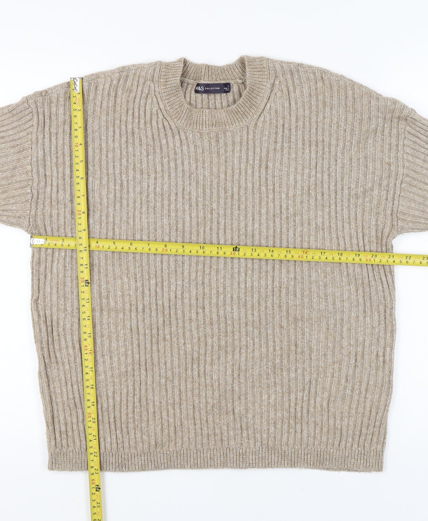 Marks and Spencer Women’s Beige Large Ribbed Crew Neck Pullover Jumper