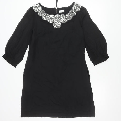 Kaliko Womens Black Shift Dress Size 12 Knee Length Embroidered Chiffon