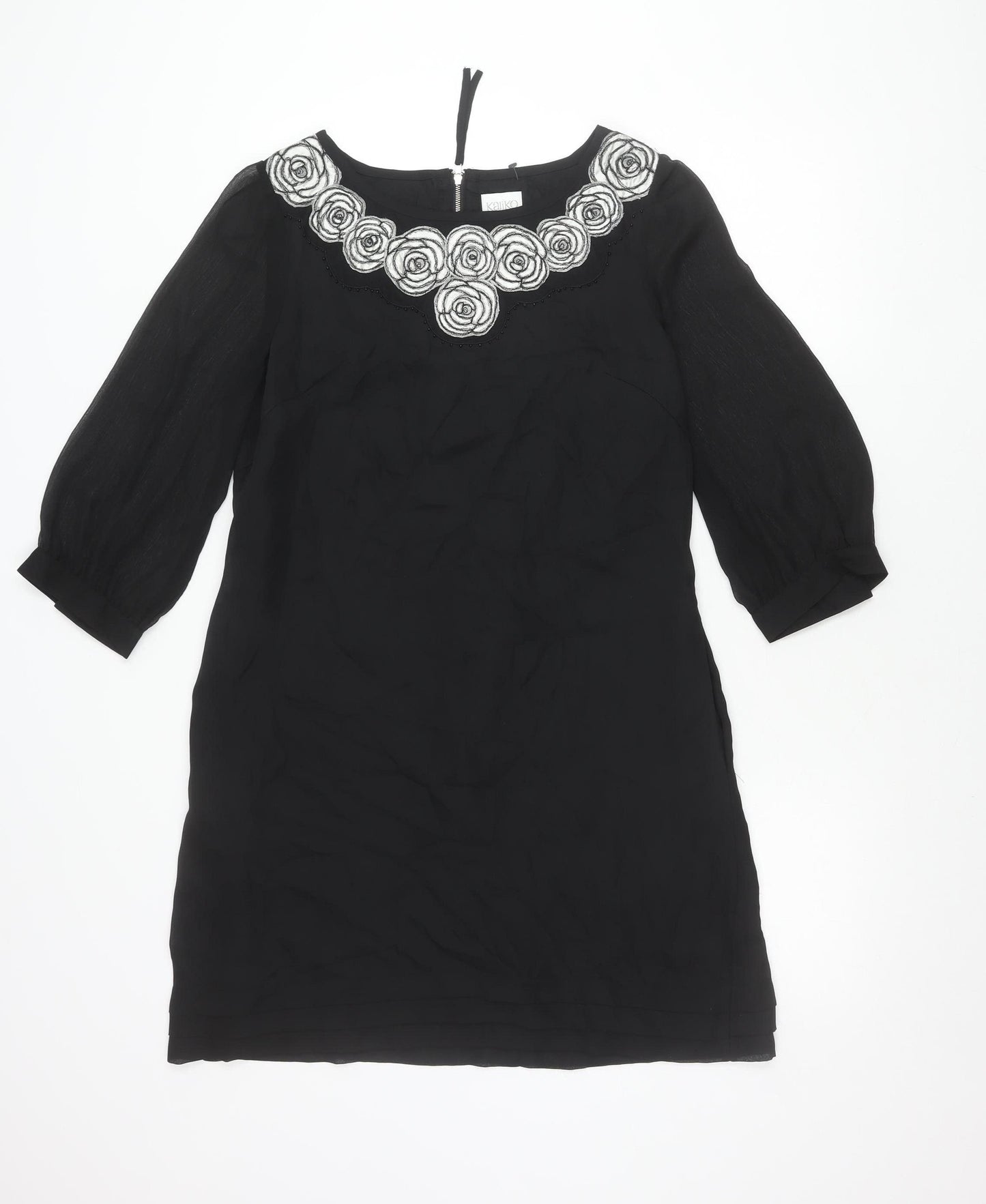 Kaliko Womens Black Shift Dress Size 12 Knee Length Embroidered Chiffon
